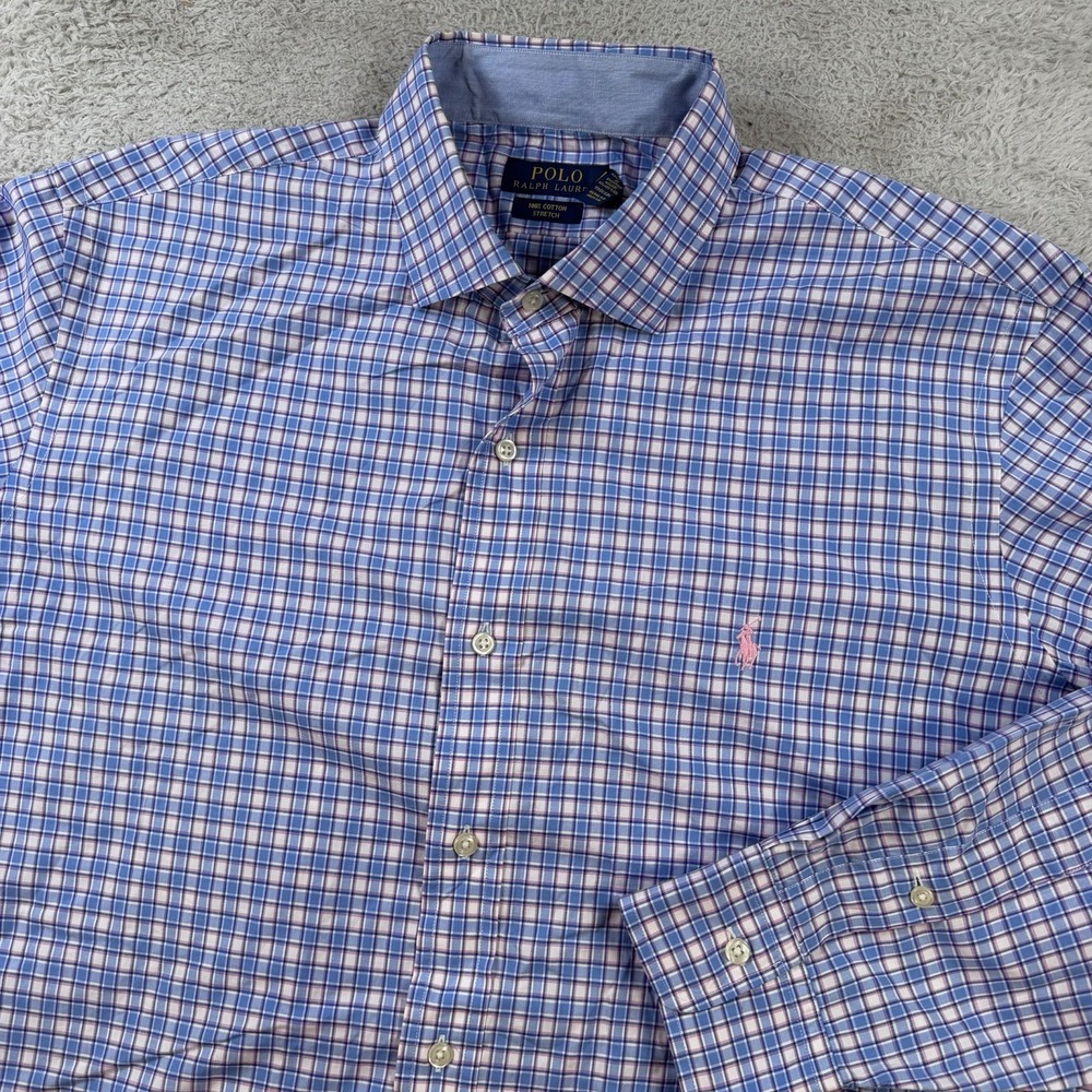 Polo Ralph Lauren Shirt Mens XL Blue Pink Check Cotton Stretch Button Down Pony